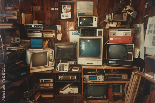 Collection of various old television sets. Vintage electronics and media technology concept. Design for poster, wallpaper. Still life shot with copy space