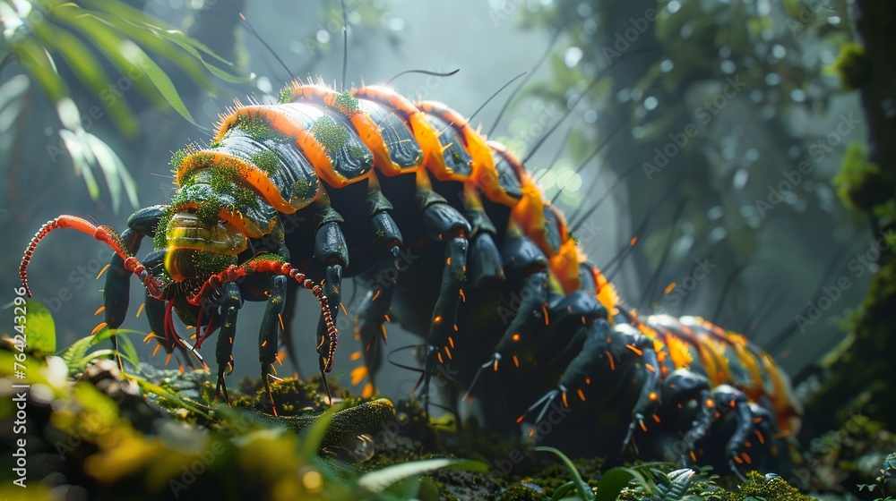 A Giant Centipede navigating a dense underbrush, its vibrant colors and formidable size on full display - obrazy, fototapety, plakaty 