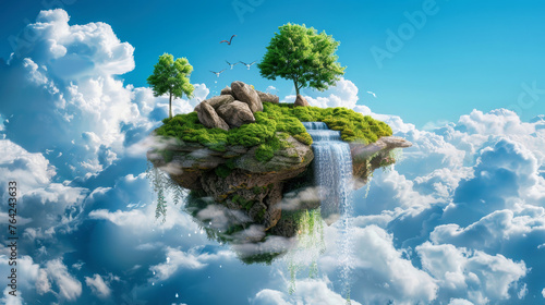 A whimsical island surrounded by white clouds, with stones, waterfall, trees and grass on it. Ecology and nature conservation concept.