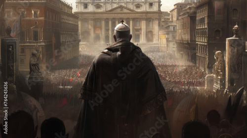 The pope standing before a big people crowd, backview