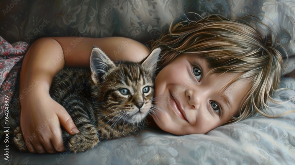 a little girl with blue eyes, chubby cheeks, and dimples, dressed in a pink skirt and white jumper, playing joyfully with her scruffy tabby kitten, portraying them as inseparable best friends.