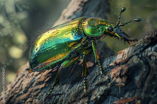 A Jewel Beetle shimmering in the sunlight, showcasing its metallic green, blue, and copper iridescence on a dark bark
