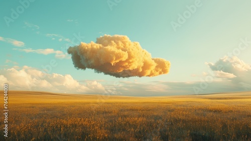 A large yellow cloud is floating in the sky above a field of yellow grass. The sky is mostly blue with a few clouds scattered throughout. Scene is peaceful and serene, with the vast open field