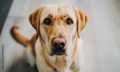 A dog with brown eyes and a black nose is looking at the camera. The dog is sitting on a wooden floor