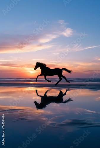 A horse is running on a beach at sunset. The sky is filled with clouds and the sun is setting. The reflection of the horse in the water creates a serene and peaceful atmosphere