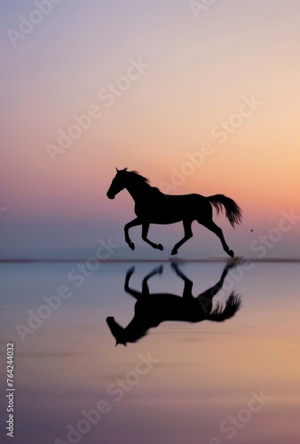 A horse is running in the water with a beautiful sunset in the background. Concept of freedom and tranquility © Bambalino Studio