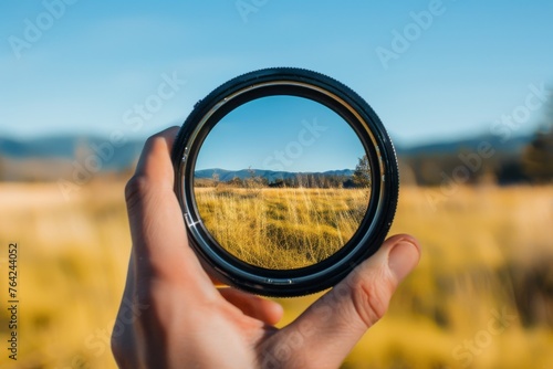 A person is holding a lens and looking through it at a field. The field is full of grass and trees, and the sky is clear and blue photo