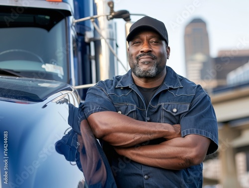 A man in a blue shirt and hat stands next to a blue semi truck. He is smiling and he is proud of his work photo