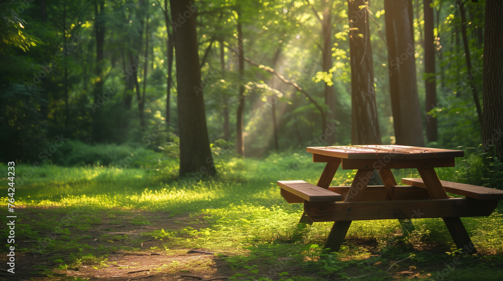A wooden picnic table is sitting in a grassy field with trees in the background