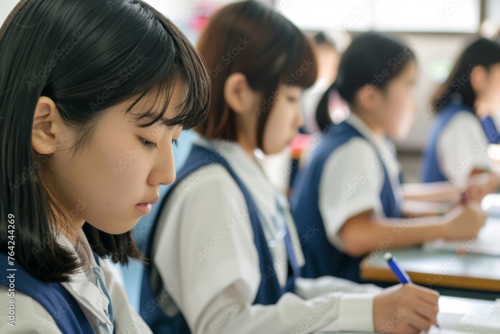 A group asian of young girls are sitting in a classroom, writing in their notebooks. Scene is focused and studious, as the girls are concentrating on their work A group asian of young girls are sitting in a classroom, writing in their notebooks. Scene is focused and studious, as the girls are concentrating on their work