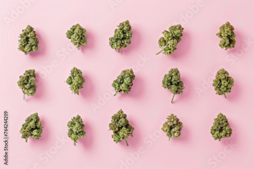 A row of marijuana plants are arranged in a grid on a pink background. The plants are all different sizes and shapes, but they all have the same green color. Concept of order and uniformity photo