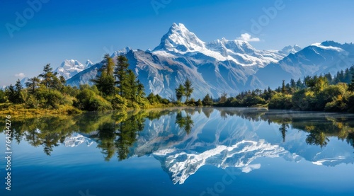 A beautiful mountain range with a lake in the foreground. The lake is reflecting the mountains and the sky photo