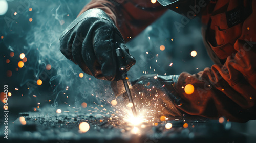 A man is working with a welding torch, creating sparks and smoke photo