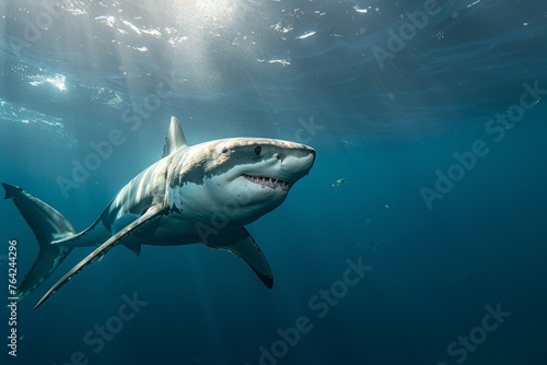 A white shark is swimming in the ocean with its mouth open. The water is clear and the sun is shining brightly