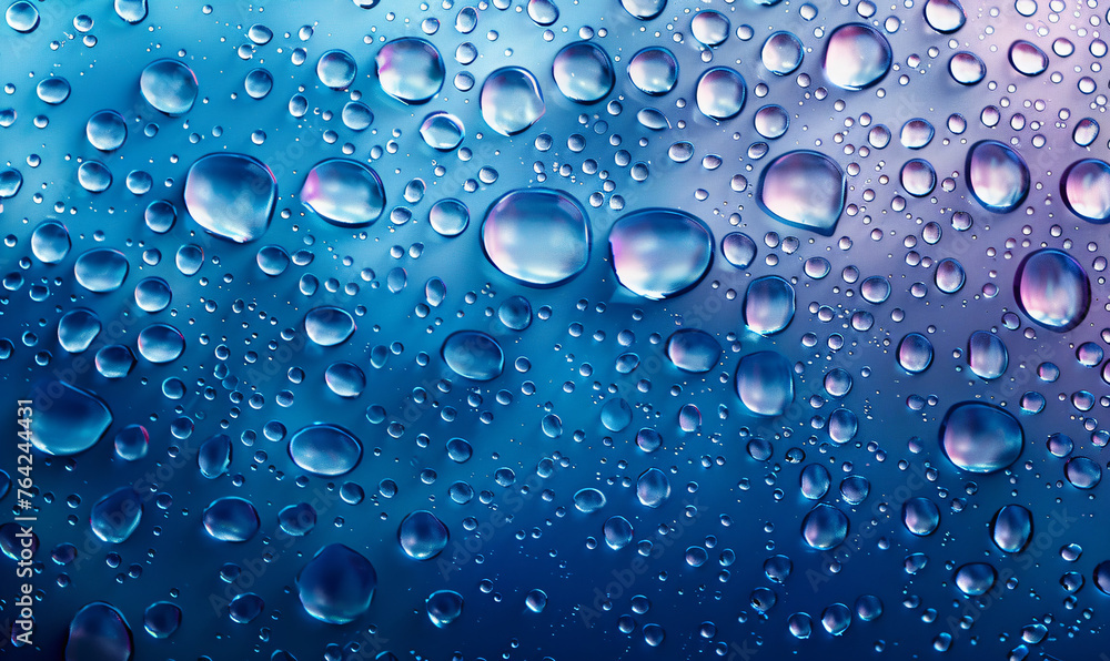 Macro photography of raindrops on glass with bokeh lights. Abstract water droplets background for design and art