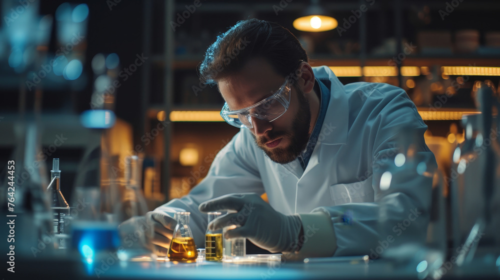 A man in a lab coat is working with various chemicals and beakers A man in a lab coat is working with various chemicals and beakers