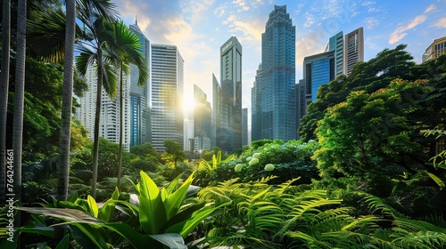 Eco-futuristic cityscape full of greenery in the urban area against the backdrop of blue sky and bright sunlight #764244661