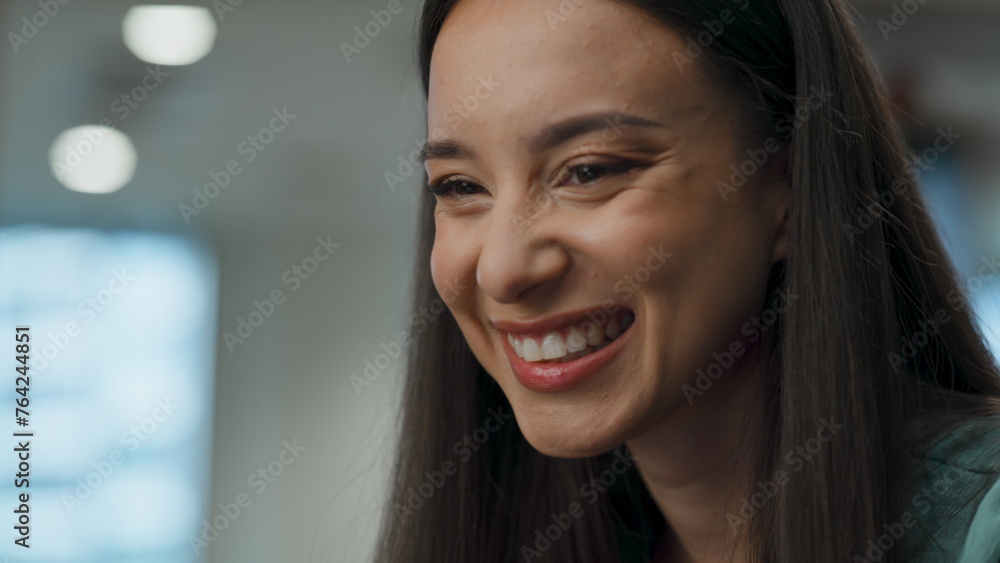 Excited developer having fun at lounge zone closeup. Happy woman face expression Excited developer having fun at lounge zone closeup. Happy woman face expression
