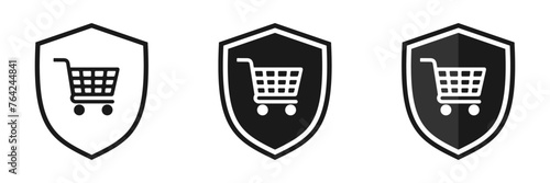 Shield icon set with shopping cart, illustration