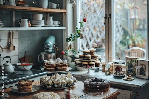 Cozy kitchen scene with freshly baked desserts.