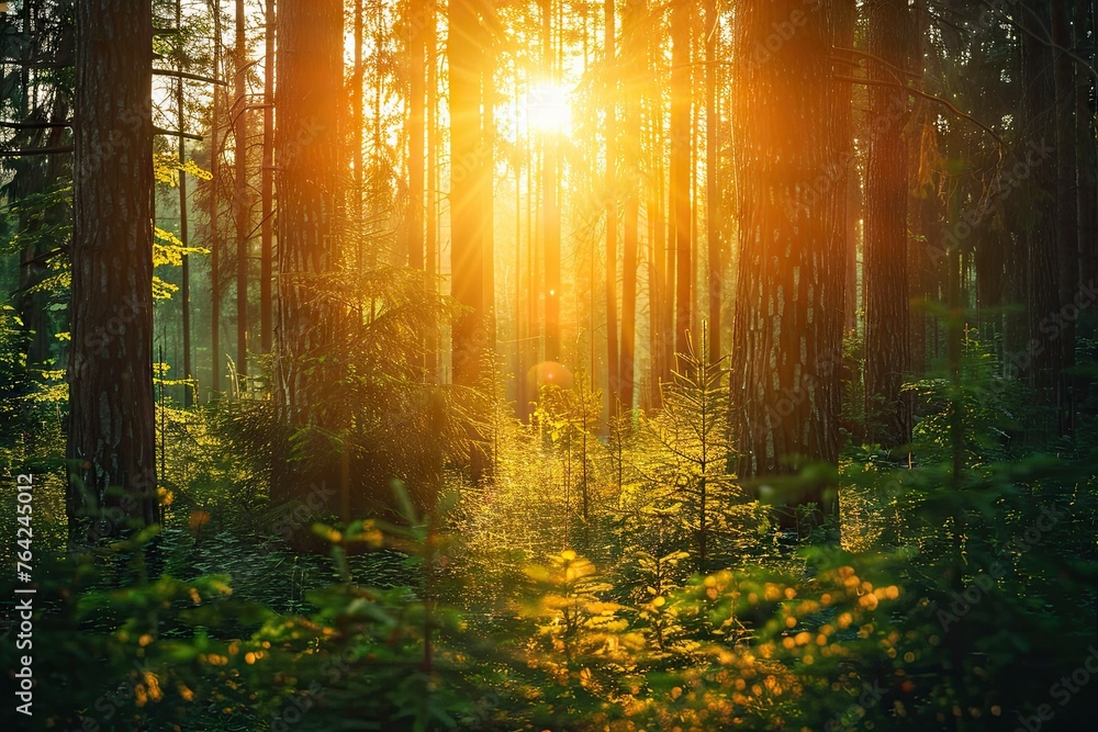 Sunrise peeks through dense forest illuminating green foliage in the summer season.