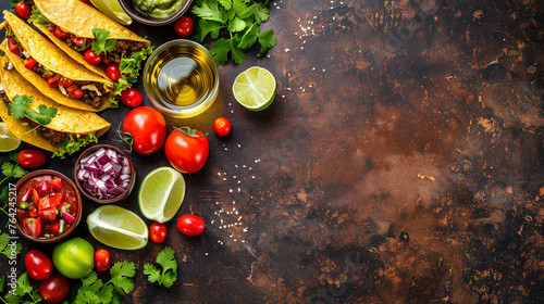 nachos mezcal tacos and margaritas against dark brown background for 5 de mayo