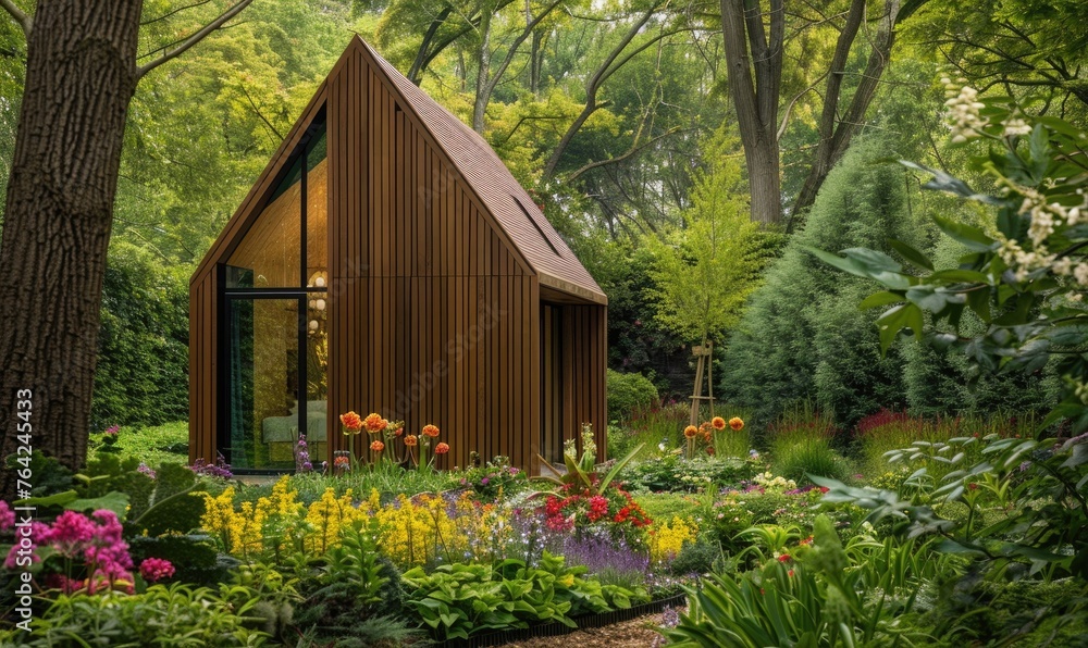A minimalist modern wooden cabin surrounded by a variety of spring flowers and lush green foliage in a tranquil garden setting A minimalist modern wooden cabin surrounded by a variety of spring flowers and lush green foliage in a tranquil garden setting