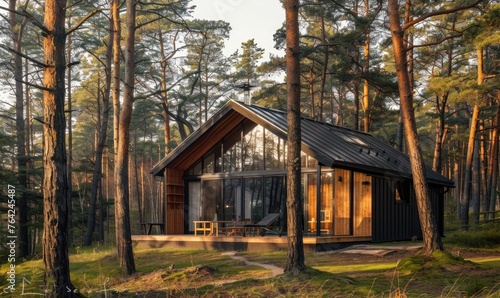 A modern wooden cabin nestled among tall pine trees in the forest
