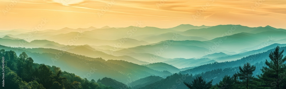 Fototapeta premium Mountain Range Painting With Foreground Trees