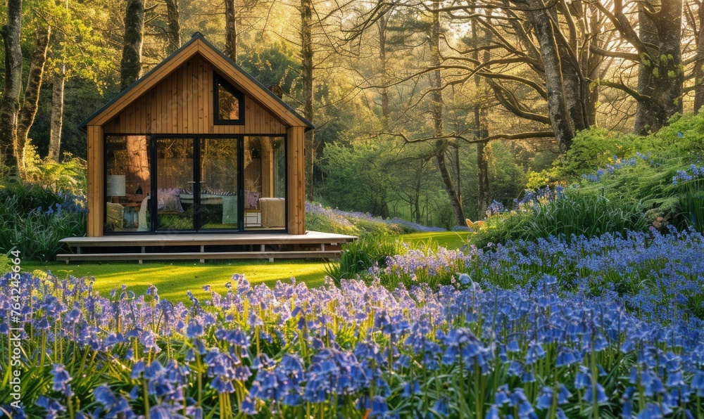 A serene modern wooden cabin surrounded by a lush carpet of bluebells and forget-me-nots in a peaceful spring garden A serene modern wooden cabin surrounded by a lush carpet of bluebells and forget-me-nots in a peaceful spring garden