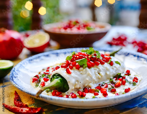 Chiles en Nogada, garnished with pomegranate seeds, evoking the rich culinary traditions of Mexico. photo