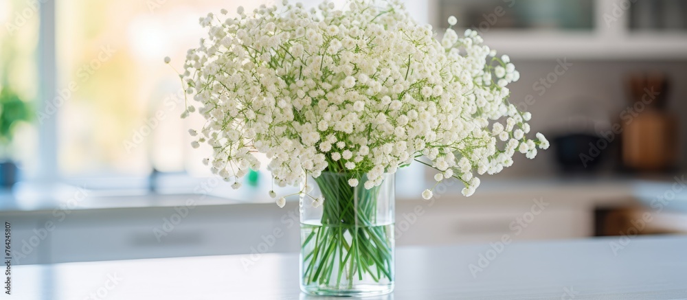 White flowers in vase on kitchen table