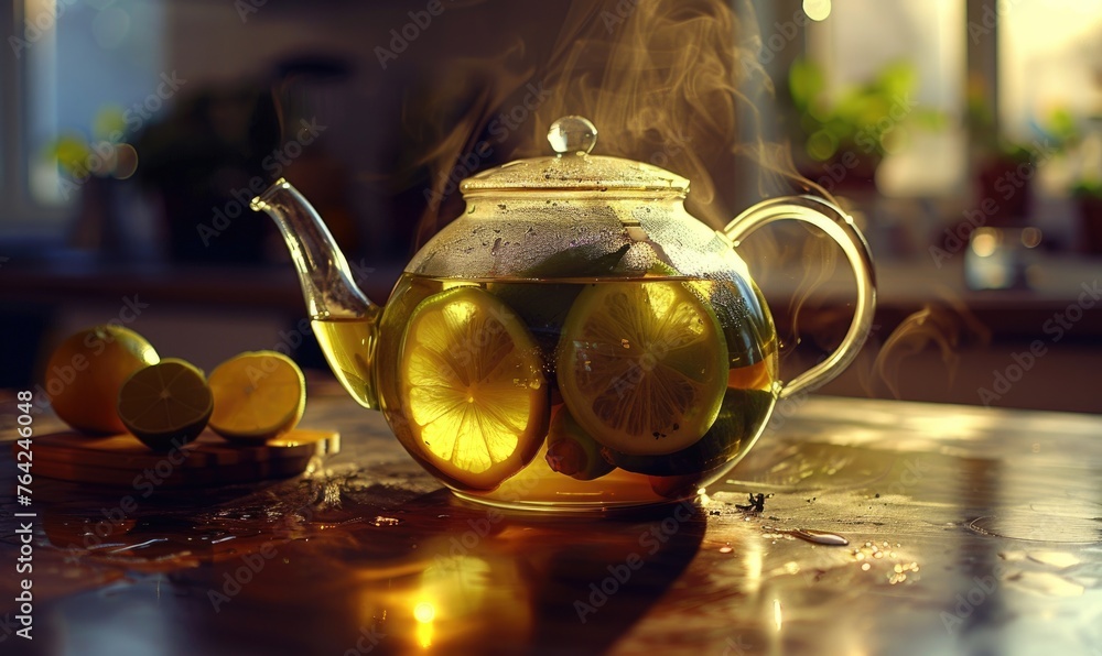 Bergamot tea brewing in a glass teapot - obrazy, fototapety, plakaty 