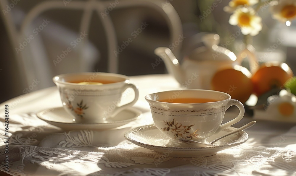 Fototapeta premium Two cups of tea served in delicate porcelain cups
