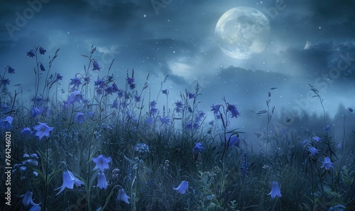 Bellflowers in a meadow under the moonlight  closeup view