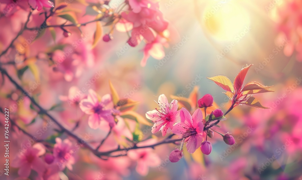 Blooming cherry blossom tree, closeup view, selective focus, bokeh