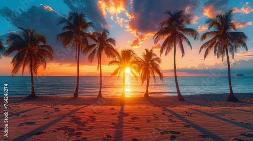 Sunset on Beach With Palm Trees