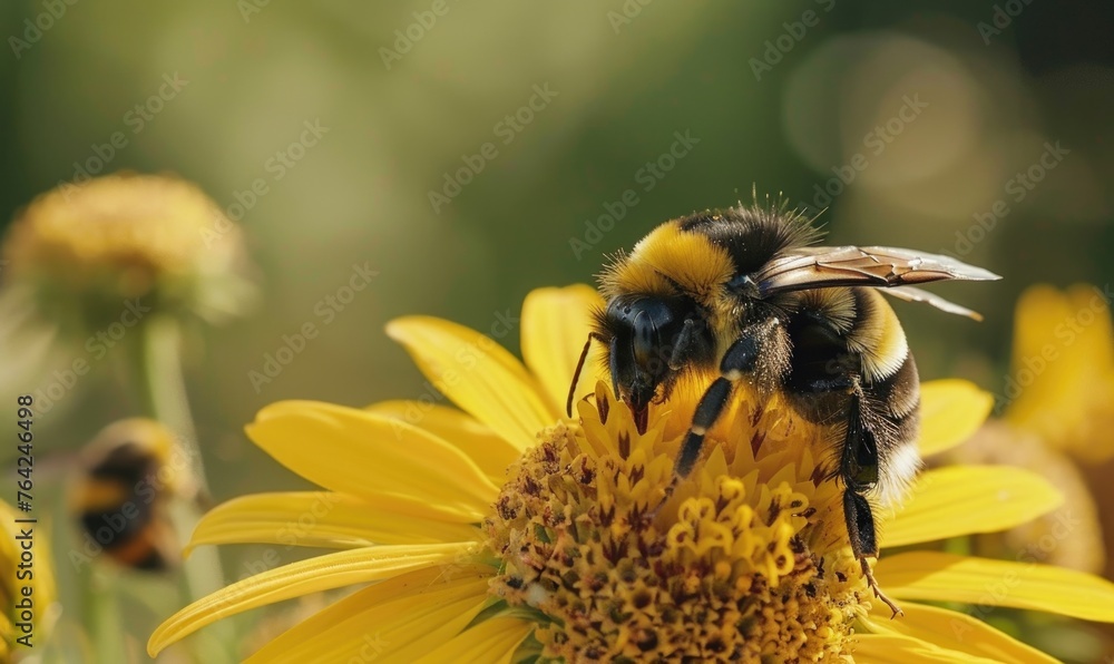 Bumblebee collecting pollen from flowers, closeup view, selective focus Bumblebee collecting pollen from flowers, closeup view, selective focus