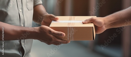 Person exchanging box with another closely