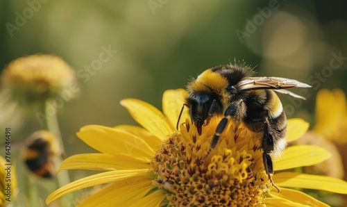 Bumblebee collecting pollen from flowers, closeup view, selective focus © TheoTheWizard