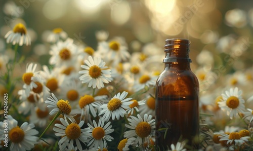 Chamomile essential oil bottle and chamomile flowers closeup, skin care cosmetic concept
