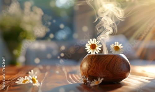 Chamomile essential oil diffuser in a cozy room, aromatherapy photo