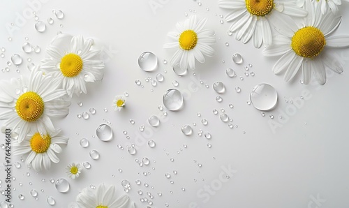 Chamomile essential oil droplets on chamomile flowers, nature beauty background