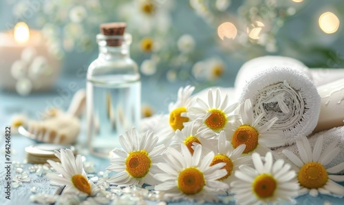 Chamomile essential oil in a dropper bottle  closeup view  skin care cosmetic background