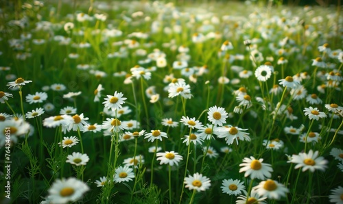 Chamomile plant growing in a garden, spring nature background