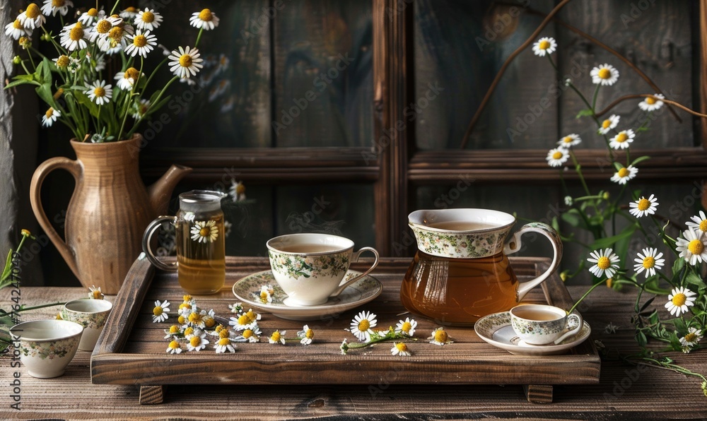 Fototapeta premium Chamomile tea set on a wooden tray
