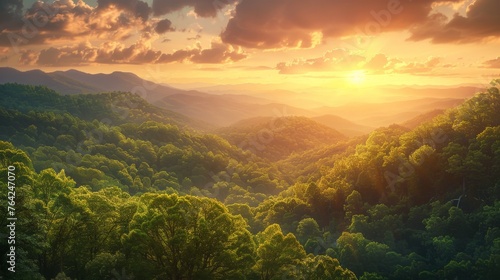Setting Sun Over Mountains and Trees