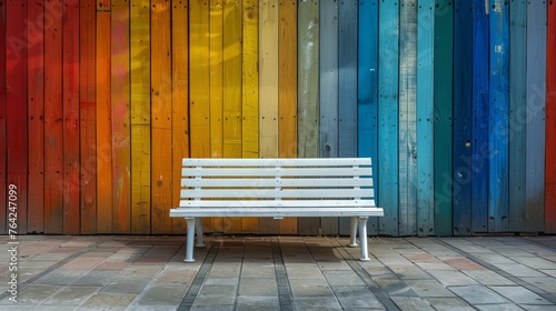 White Bench in Front of Rainbow Wall