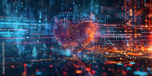 A heartbeat line transitions to digital code representing realtime heart health care. Concept Healthcare Technology, Heart Health Monitoring, Digital Transformation, Real-time Data Analysis