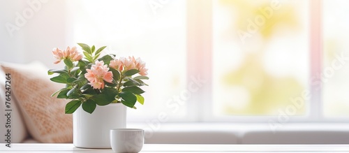 Pink flowers in white vase on table © Ilgun